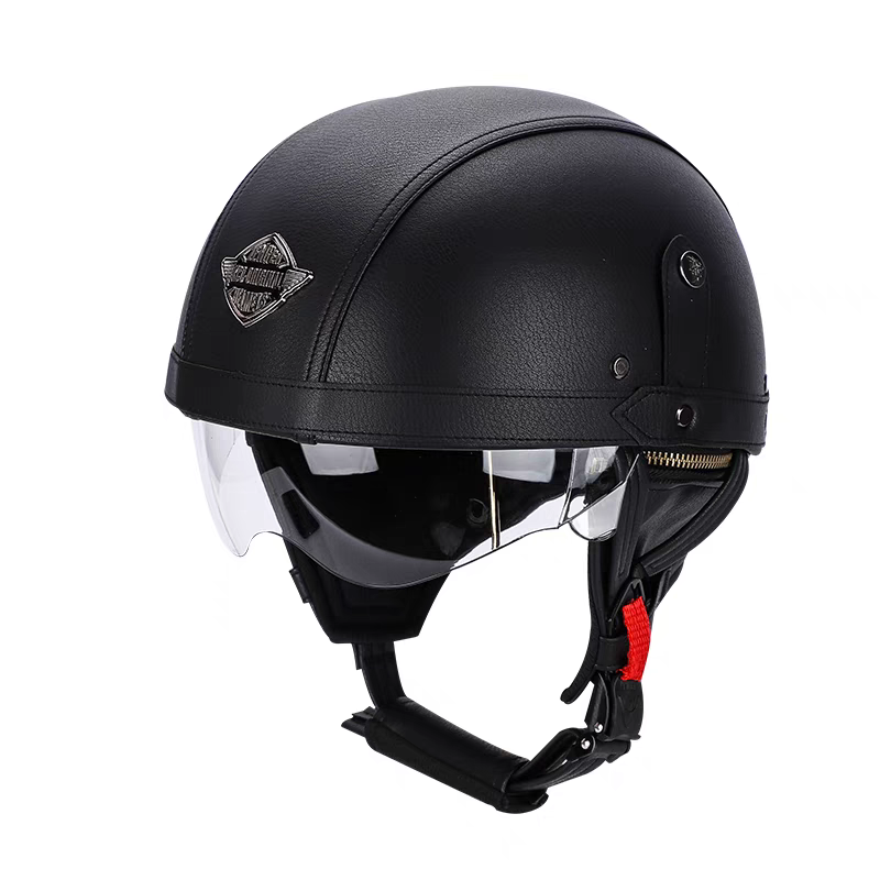 Retro Leather Motorcycle Half Helmet Black
