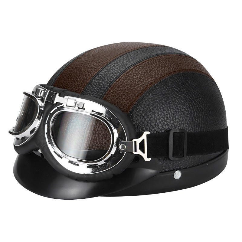 Vintage Aviator Half Helmet with Goggles Brown