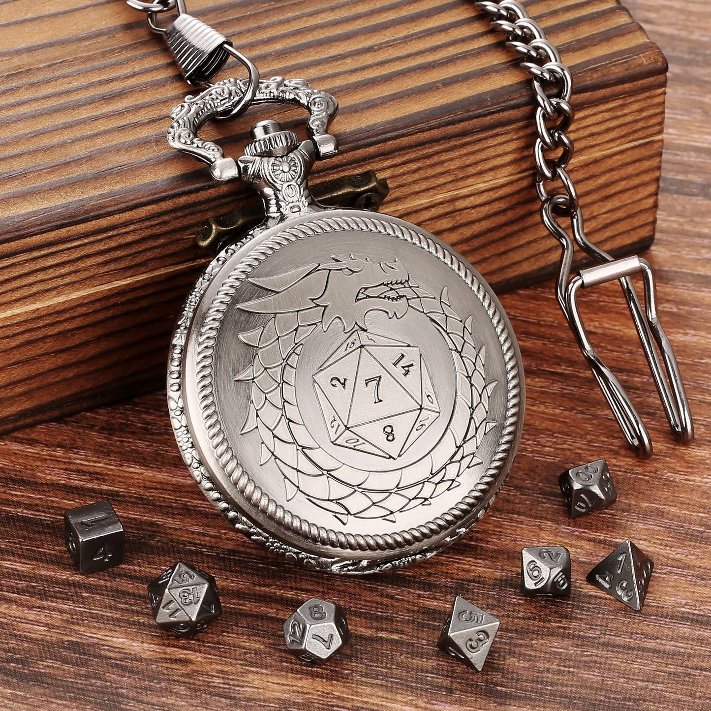 Ouroboros Dragon Dice Holder Pocket Watch Case Silver