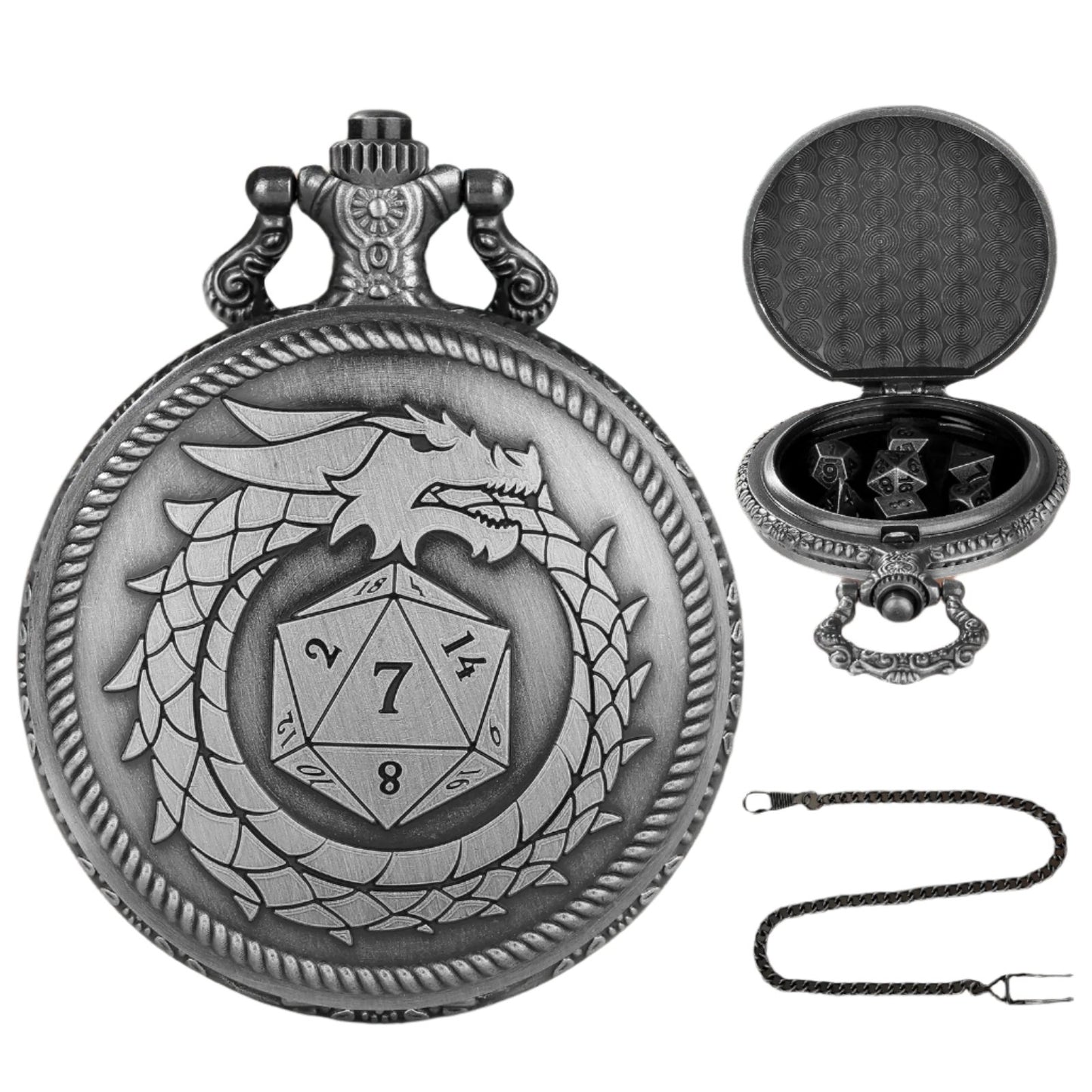 Ouroboros Dragon Dice Holder Pocket Watch Case Silver