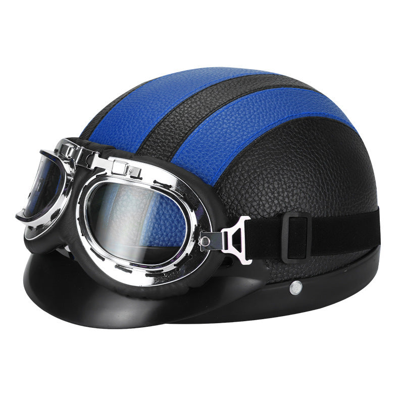 Red Vintage Aviator Half Helmet with Goggles for Motorcycle