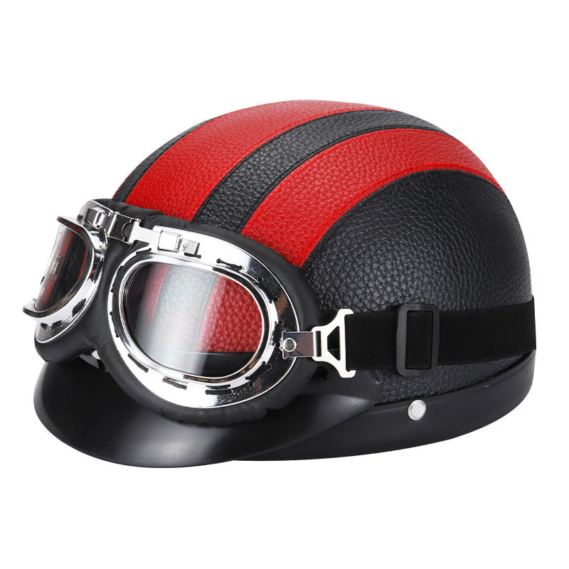 Red Vintage Aviator Half Helmet with Goggles for Motorcycle