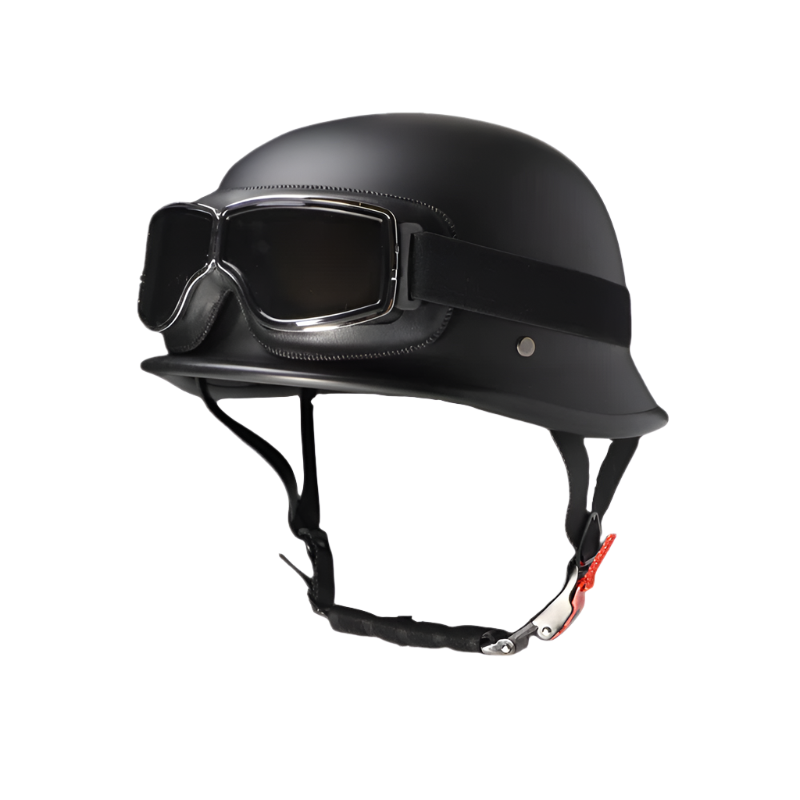 Retro German-Style Motorcycle Half Helmet Glossy Black with Goggles