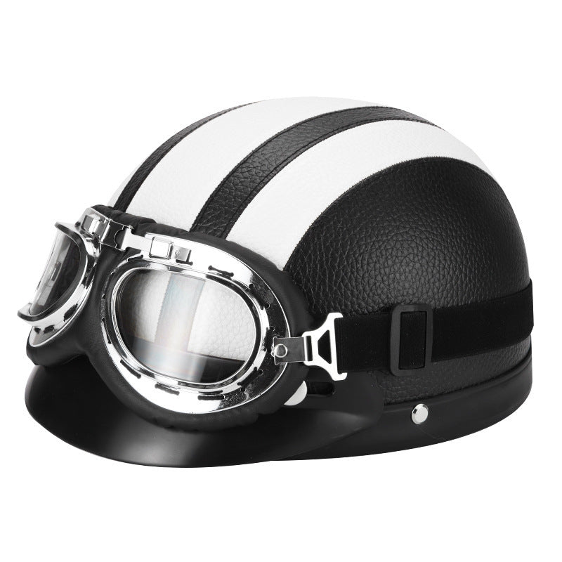 White Vintage Aviator Half Helmet with Goggles for Motorcycle