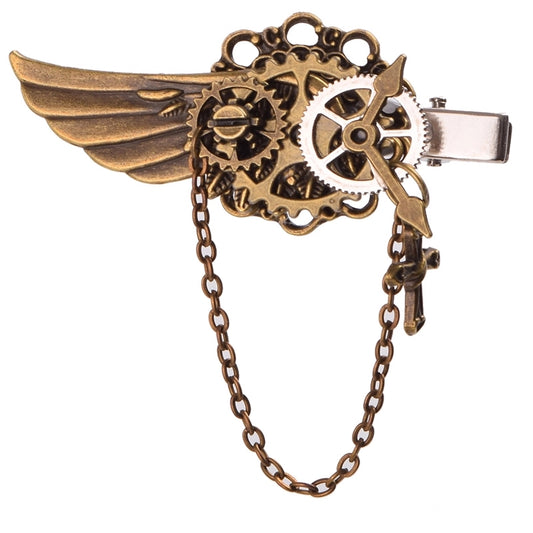Bronze steampunk-style hair clip with gears and wings on a white background
