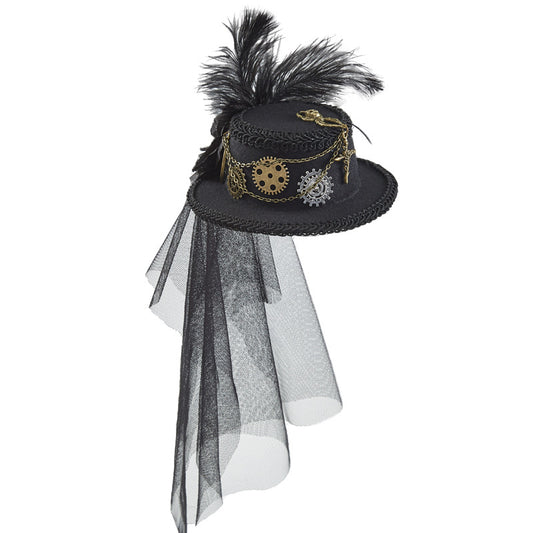 Gothic Steampunk Mini Felt Top Hat with Gears and Veil