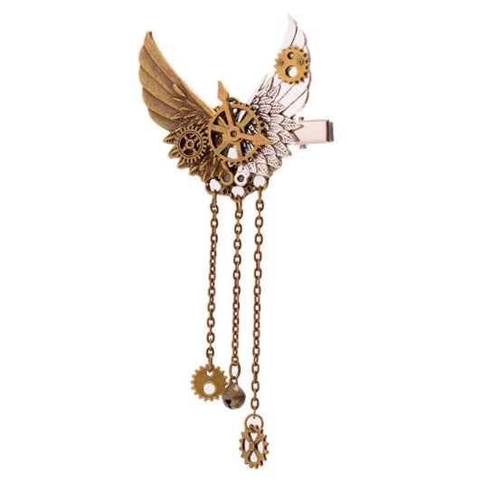 Steampunk-style brooch with gears and chains on a white background